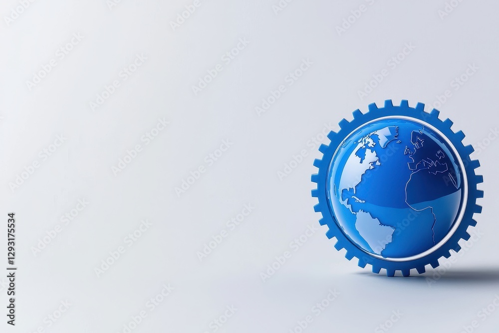 Blue gear with globe design symbolizing innovation and global industry.