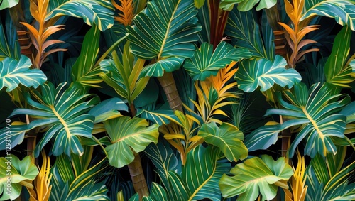 Tropical foliage pattern featuring vibrant young cycad leaves in various shades of green and yellow. Ideal for nature-themed designs. photo