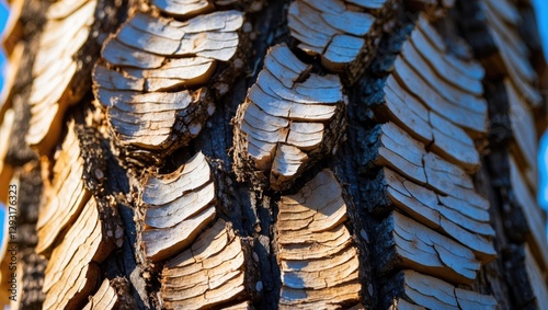 Close-up of sunlit pine bark showcasing intricate textures and patterns highlighting nature's beauty and organic design. photo