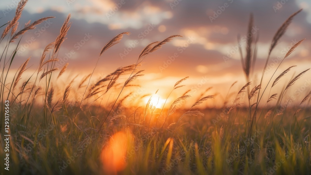 Obraz premium Golden Sunset Over Gentle Swaying Grass Capturing Nature's Serenity and Beauty in a Tranquil Landscape Scene.