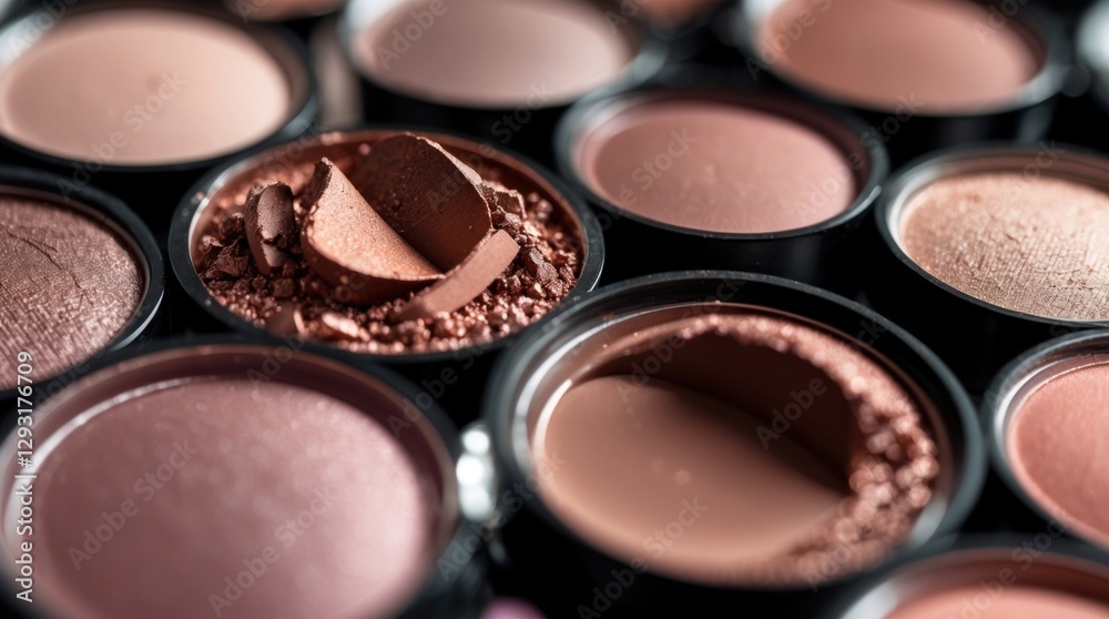 Pastel brown matte eye shadows in containers with a closeup view highlighting beauty products and textures for cosmetic advertising. Pastel brown matte eye shadows in containers with a closeup view highlighting beauty products and textures for cosmetic advertising.