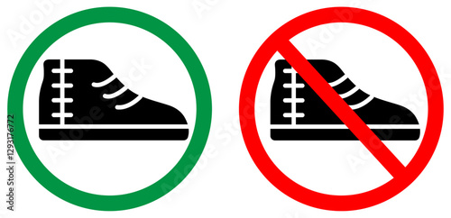 Allowed and prohibited shoes icon red and green circle isolated. Sneaker symbol with allowed and not allowed circle. Prohibited shoes icon. Shoe Rules Notice. No Shoes Allowed. Vector illustration