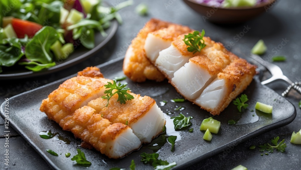 Crispy Fried Cod Fillet with Fresh Salad Garnish on Slate Plate in a Gourmet Presentation Crispy Fried Cod Fillet with Fresh Salad Garnish on Slate Plate in a Gourmet Presentation