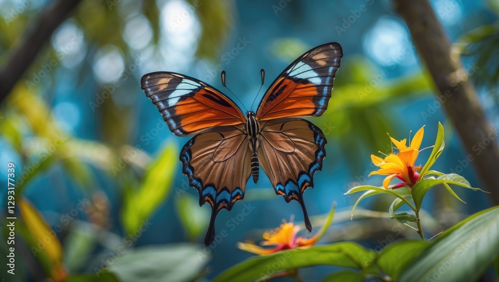 Obraz premium Stunning Tropical Butterfly in Lush Green Jungle with Vibrant Flowers and Copy Space for Creative Text or Design Elements