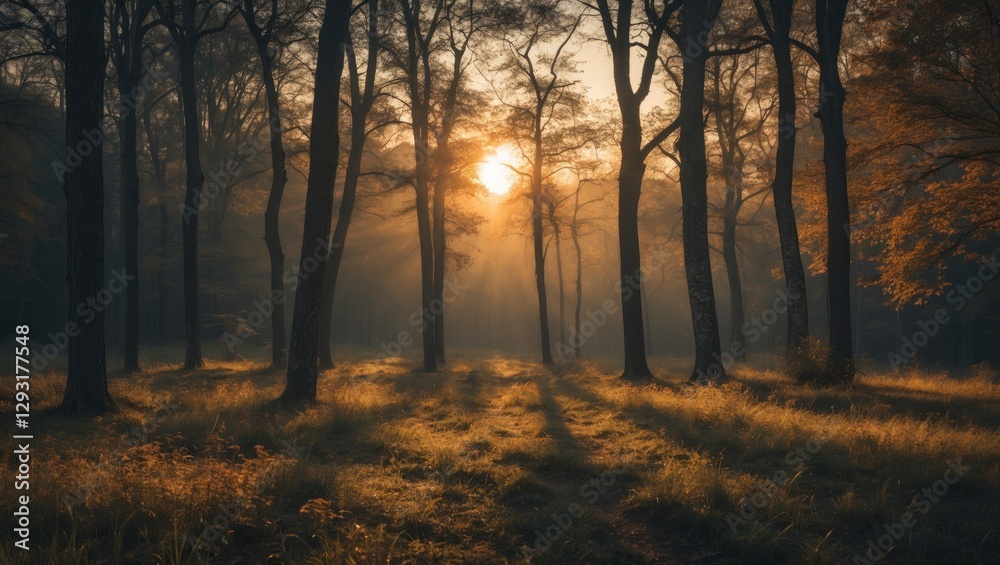 Fototapeta premium Serene Forest Atmosphere At Dawn With Sunlight Filtering Through Trees And Space For Text Overlay
