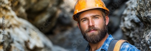 Portrait of a Young Male Miner with a Beard Wearing an Orange Hard Hat and Blue Plaid Shirt, Standing in Rocky Terrain with Natural Light photo