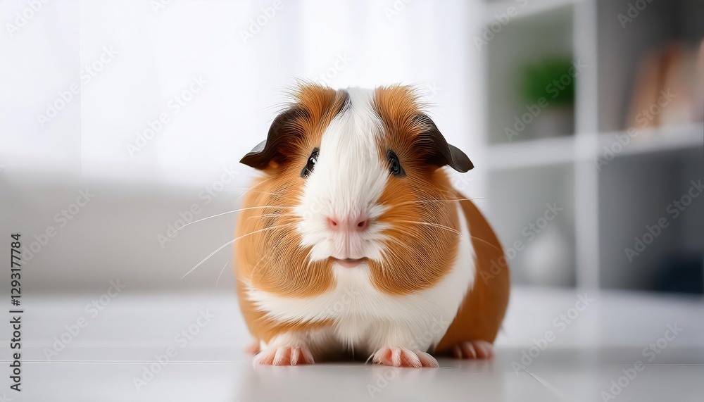 Adorable Guinea Pig on White Floor Snuggled Serene, Capturing Playful Grace Amidst a Simplistic Backdrop, Perfect for Digital Art, Home Decor, or Design Inspiration. Adorable Guinea Pig on White Floor Snuggled Serene, Capturing Playful Grace Amidst a Simplistic Backdrop, Perfect for Digital Art, Home Decor, or Design Inspiration.