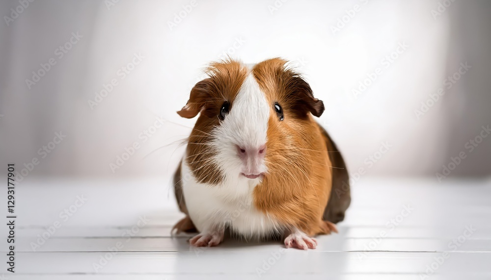 Adorable Guinea Pig Perched on a Spotless White Floor, Snuggled in Cozy Bedding, Showcasing Soft Fur and Playful Expressions amidst a Clean Tranquil Setting. Adorable Guinea Pig Perched on a Spotless White Floor, Snuggled in Cozy Bedding, Showcasing Soft Fur and Playful Expressions amidst a Clean Tranquil Setting.