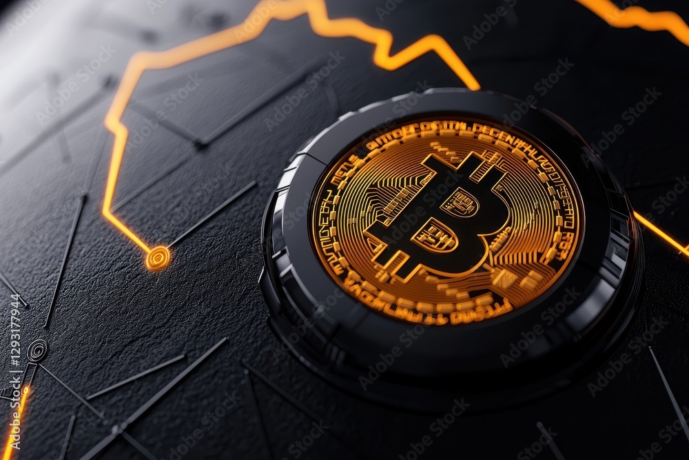 Fototapeta premium Close-up of a Bitcoin symbol on a textured background with digital graphics.