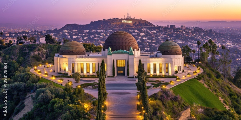 Obraz premium A stunning view of an observatory at sunset. The building features domes and lit pathways, highlighting a beautiful architectural style. Ideal for nature and travel photography. AI
