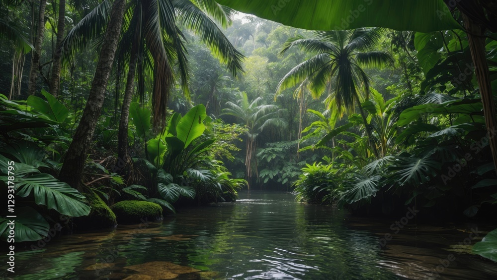 Lush Tropical Rainforest Landscape with River and Dense Green Foliage ideal for Nature and Adventure Themes Lush Tropical Rainforest Landscape with River and Dense Green Foliage ideal for Nature and Adventure Themes