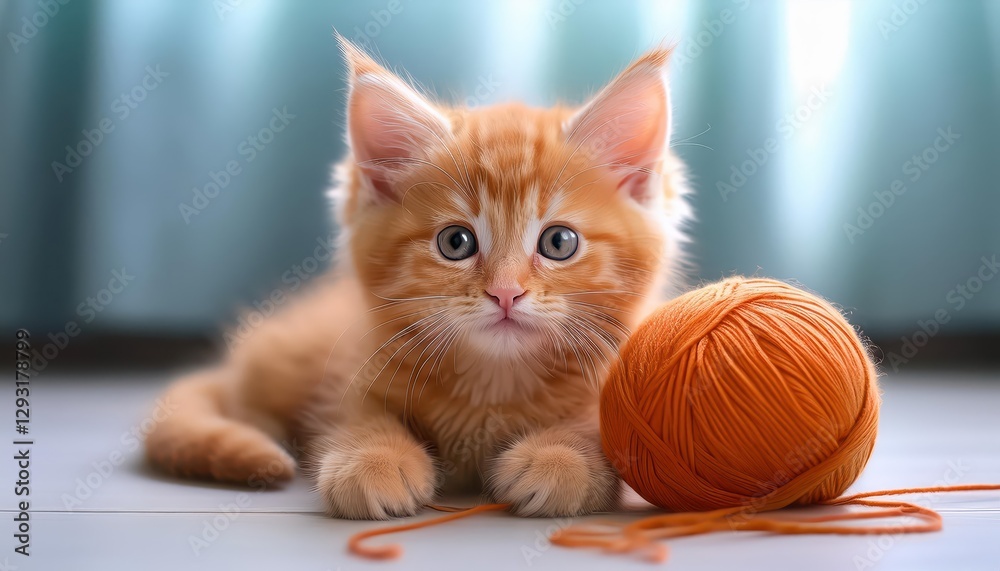 Fototapeta premium Adorable Orange Kitten Playing with a Ball of Yarn in a Cozy Home Environment, Evoking a Warm and Inviting Atmosphere.