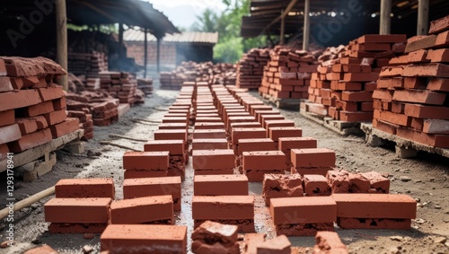 Drying process of red clay bricks in a brick kiln yard ready for firing under natural sunlight with scattered smoke in the background