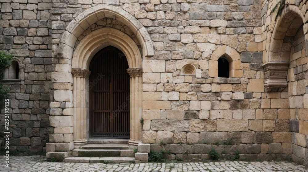 Medieval stone wall with textured surface and ornate archway in historical urban setting Medieval stone wall with textured surface and ornate archway in historical urban setting