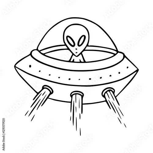 outline drawing cartoon of a alien in UFO