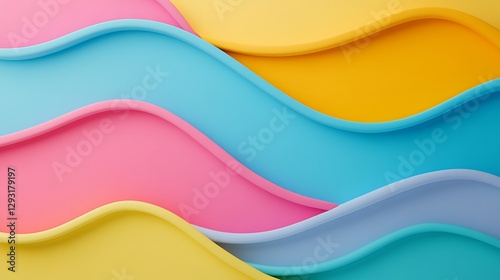 Colorful Wavy Background with Smooth Curves in Pastel Shades of Blue, Pink, Yellow and Purple for Modern Design