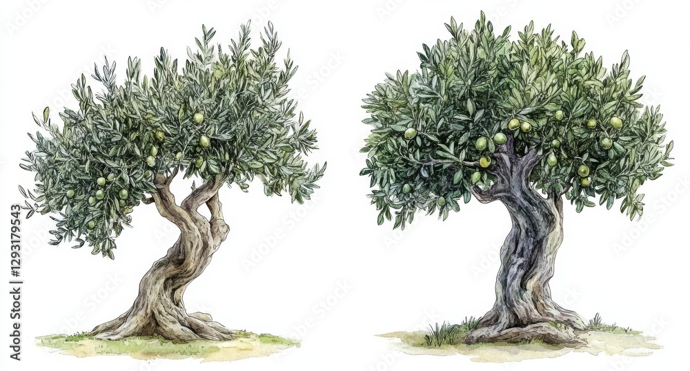 Watercolor illustrations of olive trees, drawn by hand. Clip art stock images showcasing traditional olive trees from Italy and Greece Watercolor illustrations of olive trees, drawn by hand. Clip art stock images showcasing traditional olive trees from Italy and Greece
