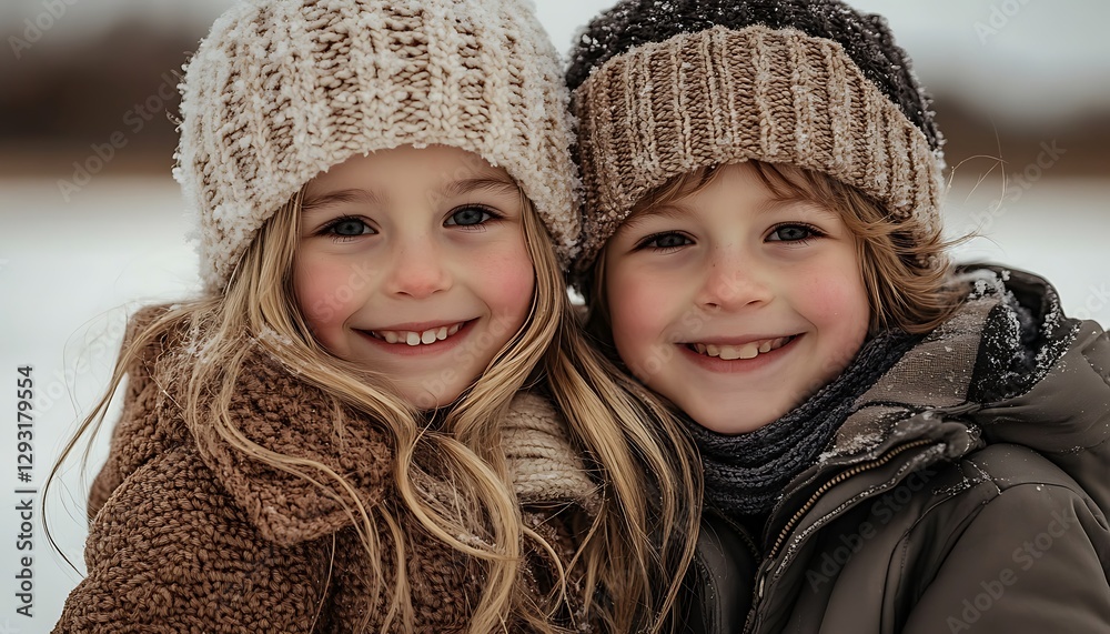 Two smiling children are wearing winter hats and enjoying the snow Two smiling children are wearing winter hats and enjoying the snow