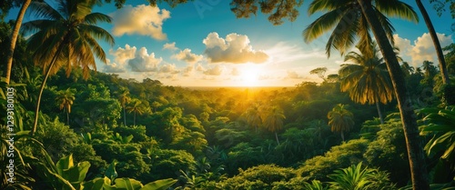 Fototapeta Naklejka Na Ścianę i Meble -  Tropical jungle panoramic view at sunset with vibrant greenery and clear sky ideal for text overlay or promotional material.