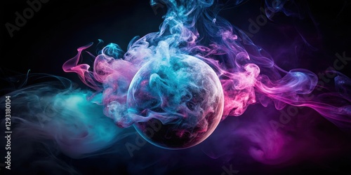Mysterious smoke sphere suspended in mid-air over a darkened black background with subtle hints of purple and blue hues