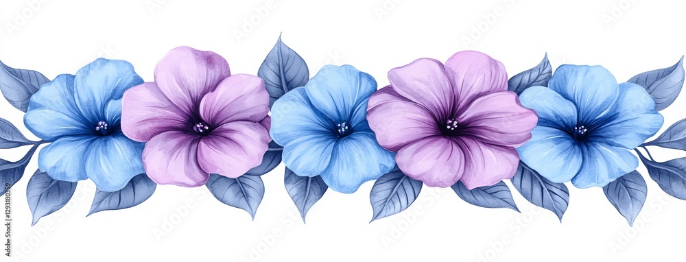 Obraz premium An elegant seamless summer pattern with horizontal orientation, showcasing watercolor flowers drawn by hand. Ideal for natural floral prints, stock illustrations, surface backgrounds, and wallpaper