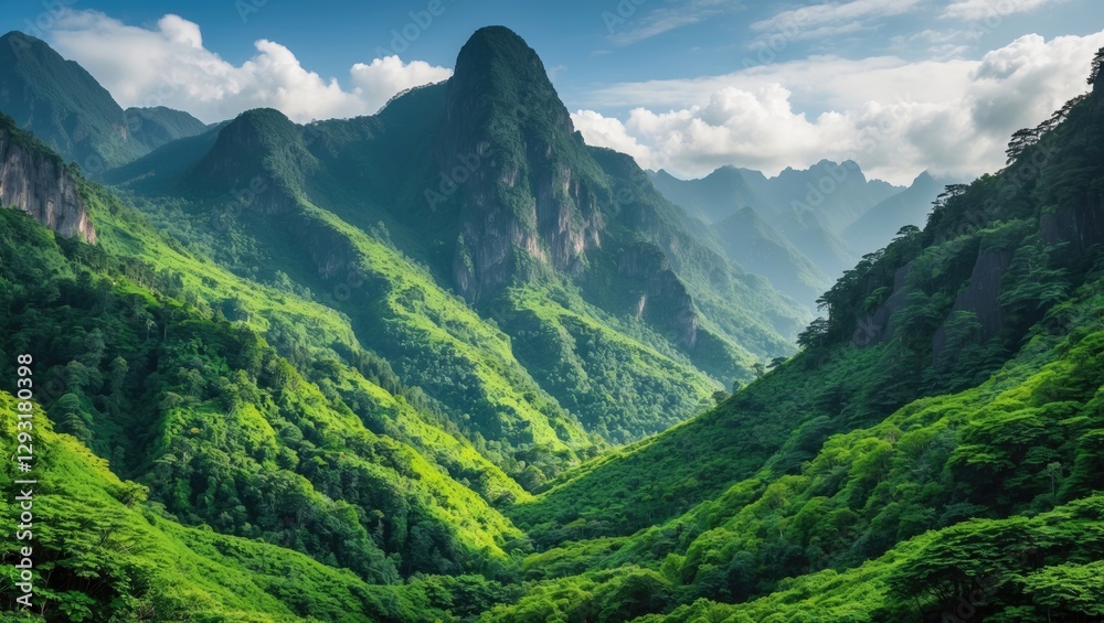 Obraz premium Majestic green mountains under a clear sky showcasing lush vegetation and serene landscape after the rainy season. Nature's vibrant beauty.