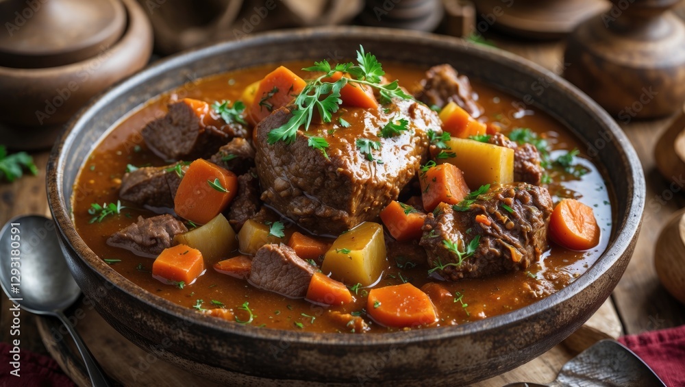 Savory Meat Stew With Tender Vegetables Served In A Rustic Deep Plate Ideal For Home Cooking And Comfort Food Presentation Savory Meat Stew With Tender Vegetables Served In A Rustic Deep Plate Ideal For Home Cooking And Comfort Food Presentation