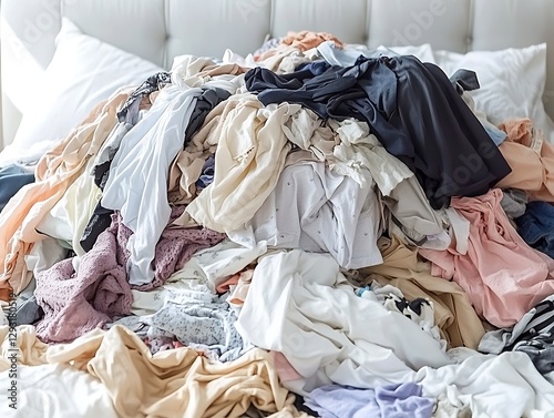 Clothes pile, bedroom, messy bed, laundry
