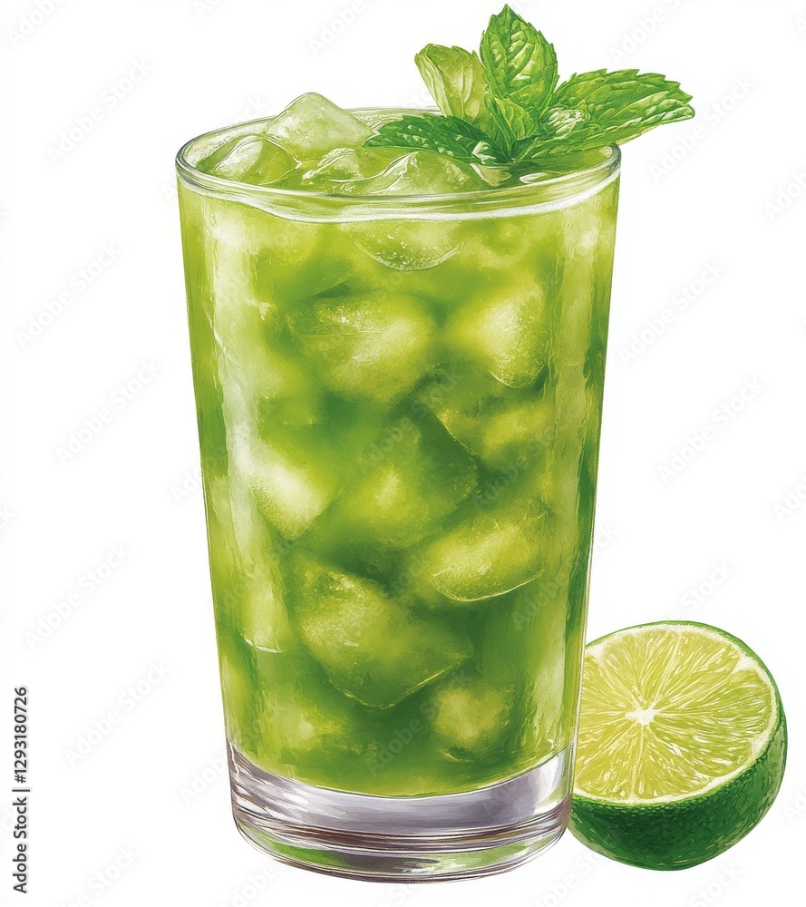 Watercolor depiction of a Mojito. Clipart featuring a long alcoholic drink. Drawing of a cocktail in a glass. Hand-sketched illustration of a club beverage. Printable stock image Watercolor depiction of a Mojito. Clipart featuring a long alcoholic drink. Drawing of a cocktail in a glass. Hand-sketched illustration of a club beverage. Printable stock image