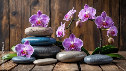 Relaxing spa composition featuring stacked stones and blooming orchids on a rustic wooden background for wellness and tranquility themes.