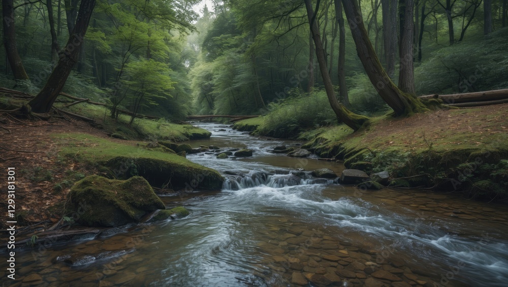 Obraz premium Tranquil Stream Flowing Through Lush Green Forest Surrounded by Mossy Rocks and Vibrant Trees on a Calm Overcast Day