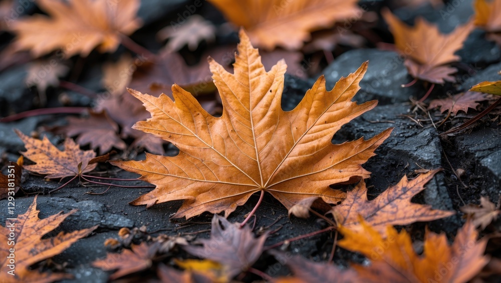 Close-up of a vibrant orange fallen maple leaf among scattered autumn foliage on a textured surface highlighting seasonal beauty. Close-up of a vibrant orange fallen maple leaf among scattered autumn foliage on a textured surface highlighting seasonal beauty.