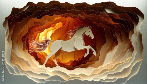 Galloping paper cut horse in layered brown environment captivating art from nature