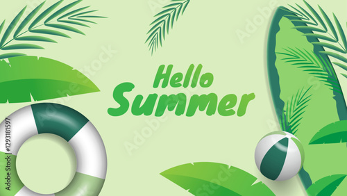 Hello summer background with leaves, surfing board, lifebuoy and beach ball in green color