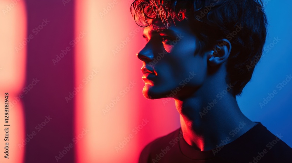 Profile Portrait of a Young Man in Red and Blue Dramatic Lighting Profile Portrait of a Young Man in Red and Blue Dramatic Lighting