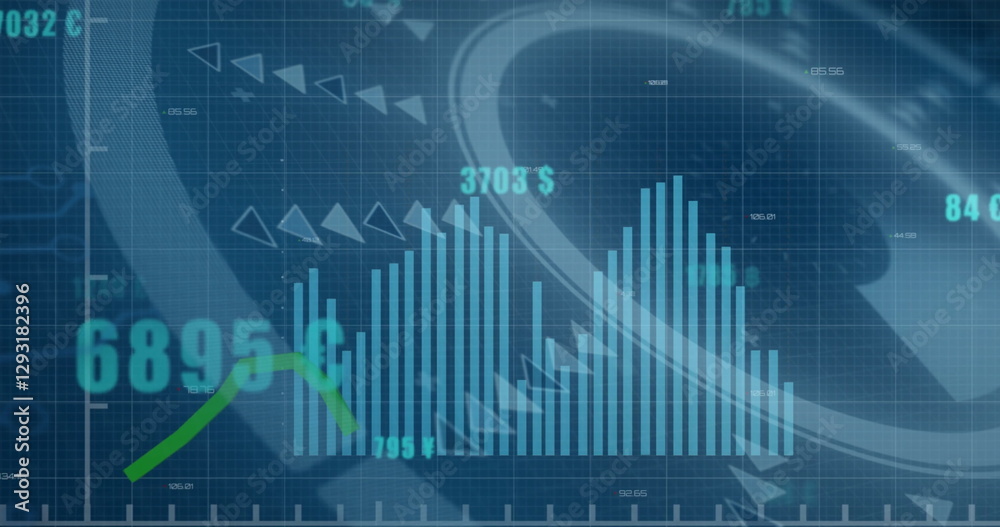 Image of financial data processing and scope scanning on blue background Image of financial data processing and scope scanning on blue background