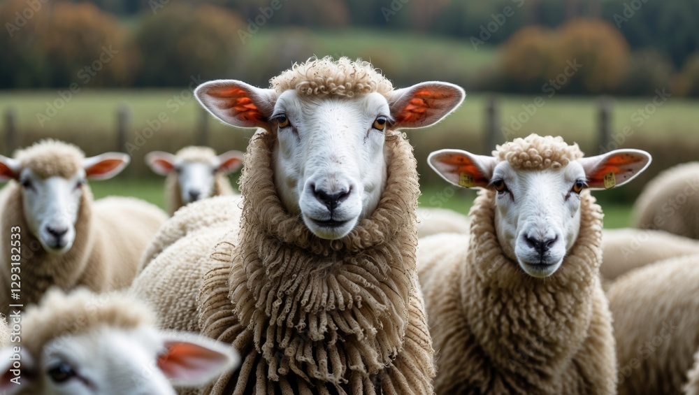 Sheep Grazing Together in a Lush Green Field with Scenic Background on a Peaceful Day Sheep Grazing Together in a Lush Green Field with Scenic Background on a Peaceful Day