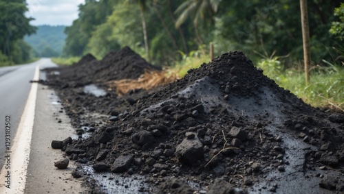 Soil erosion and heave along a roadside with piles of black soil contrasting natural greenery in a rural landscape