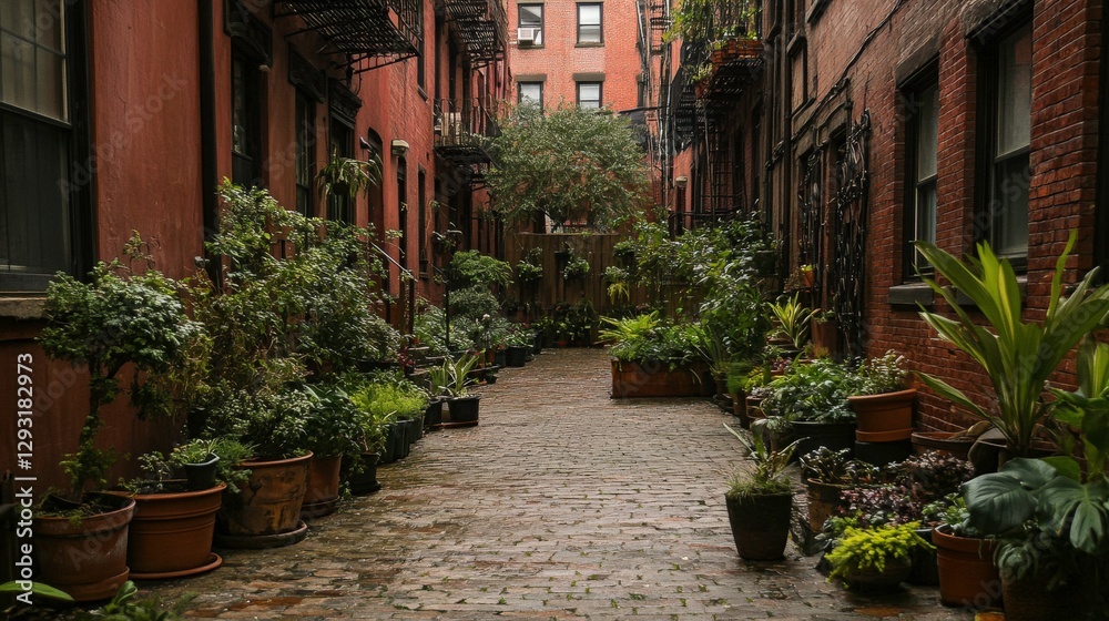 Fototapeta premium Green Oasis in Urban Alleyway Transformed with Plants