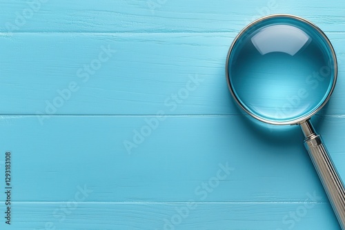 Close-up of a magnifying glass resting on a blue wooden background.
