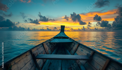 Obraz na płótnie Bow of a Large Wooden Boat at Sunset on a Calm Sea w salonie