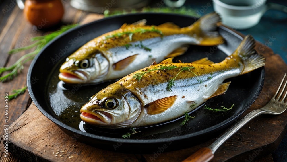 Baked Trout Dish with Fresh Herbs Served on Rustic Plate for Culinary Presentation Baked Trout Dish with Fresh Herbs Served on Rustic Plate for Culinary Presentation