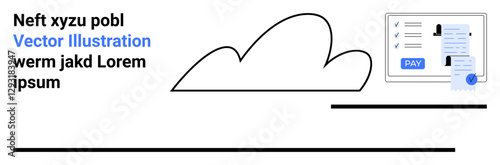 Cloud icon connected to a payment form, checklist, and verification stamp. Ideal for payment processing, cloud computing, digital security, document management, task tracking, business efficiency