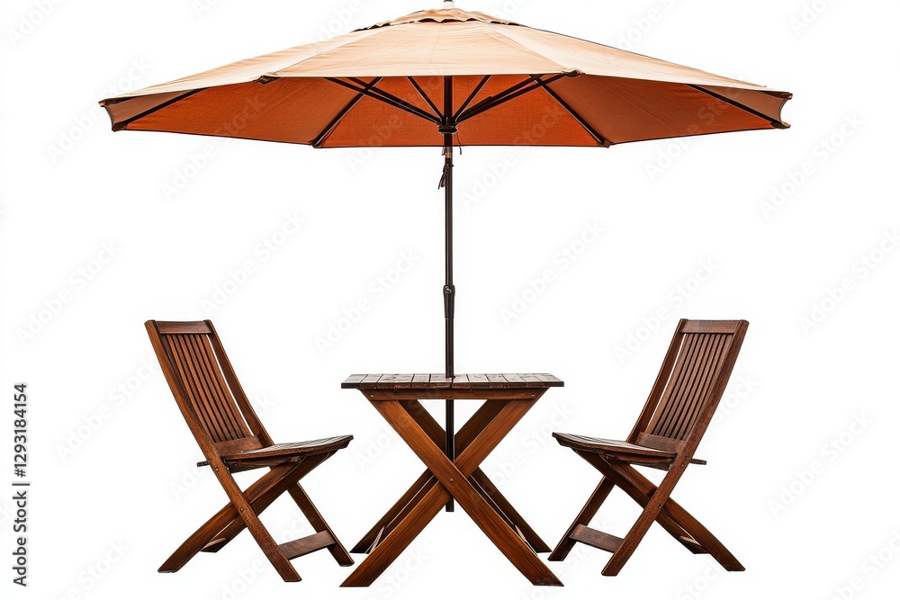 A white background stock photo with a cafe table, chair, and a parasol umbrella A white background stock photo with a cafe table, chair, and a parasol umbrella
