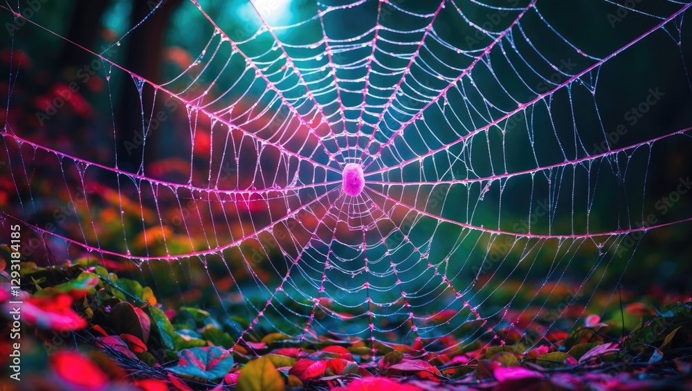 Naklejka premium Colorful spiderweb adorned with dew drops in a vibrant autumn forest setting, creating an enchanting and mystical atmosphere.