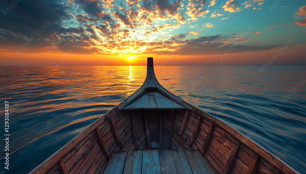 Bow of a Large Wooden Boat at Sunset on a Calm Sea
