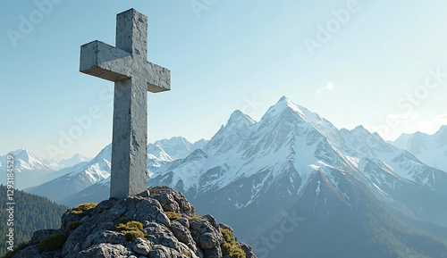 Beautiful Scenic View of a Cross on a Mountain Peak – Perfect for Promoting Spiritual Growth and Outdoor Adventure