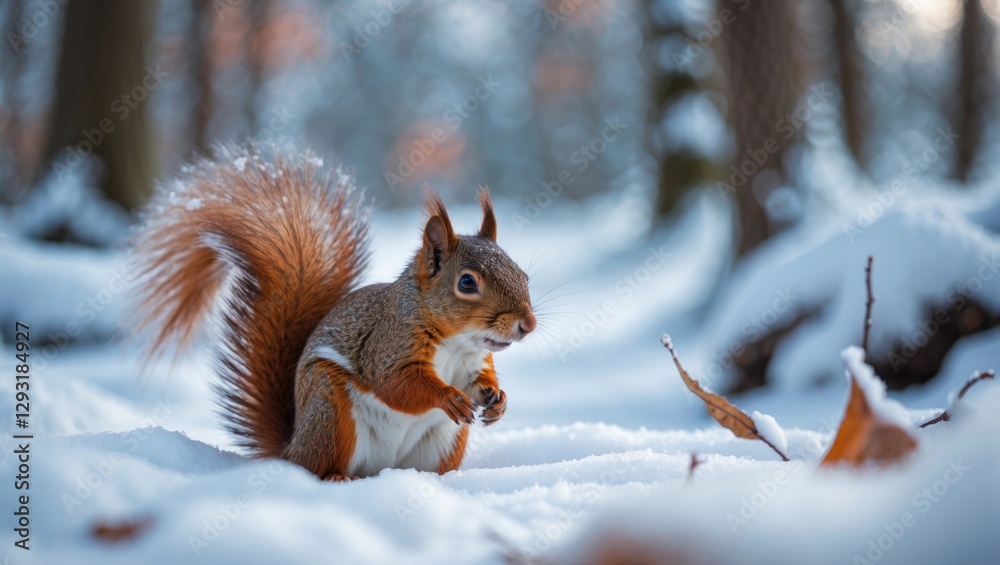 Squirrel foraging in snow-covered forest landscape during winter showcasing natural wildlife in serene environment Squirrel foraging in snow-covered forest landscape during winter showcasing natural wildlife in serene environment