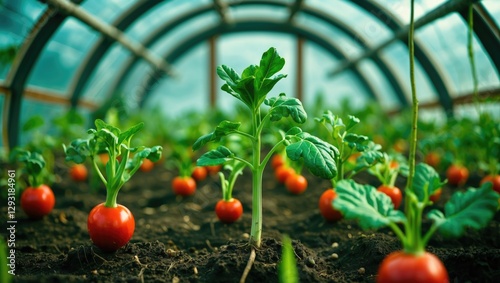 Germinating vegetable saplings in a greenhouse showcasing organic gardening, self-sufficiency, and homegrown produce concept.
