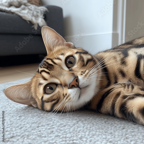 A brown Bengal cat lying on a grey carpet